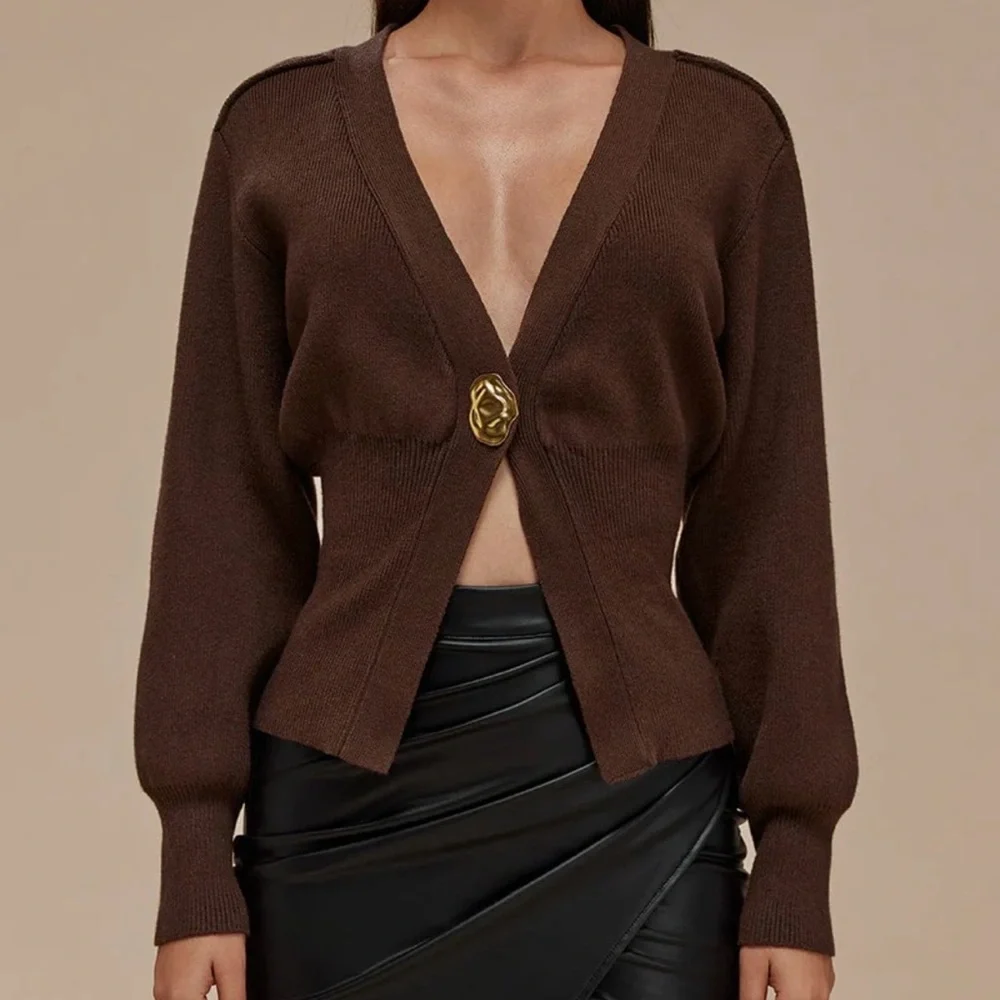 Women's Brown V-Neck Single-Button Knit Cardigan - Picture 9 of 10